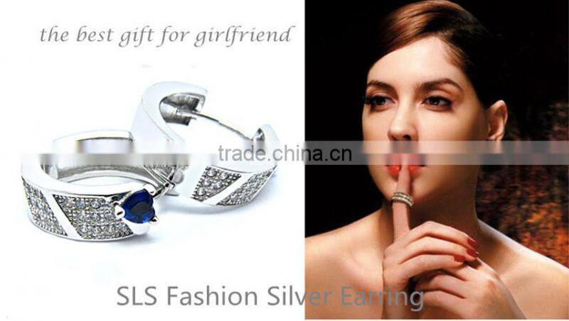 2015 Fashion design 925 Sterling silver blue fancy cz diamond cheap hip hop earrings for girls SLS jewelry