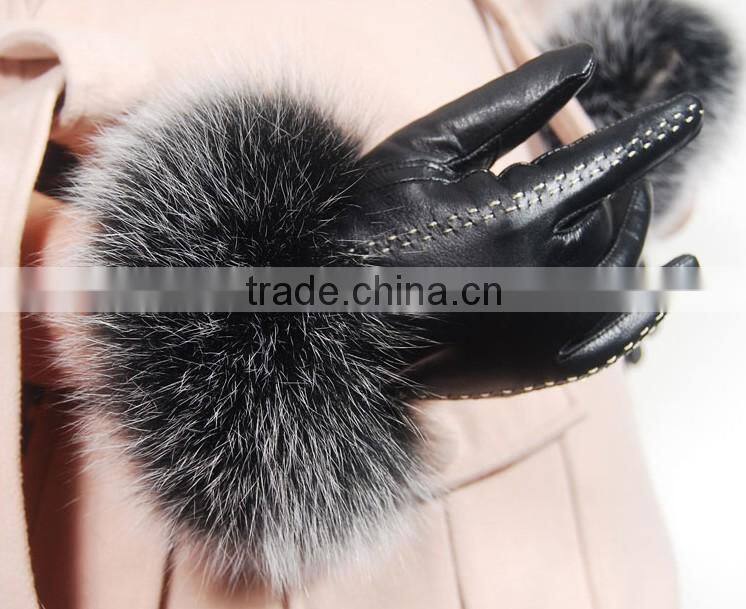 Female red fake leather gloves with customized fake fur winter gloves