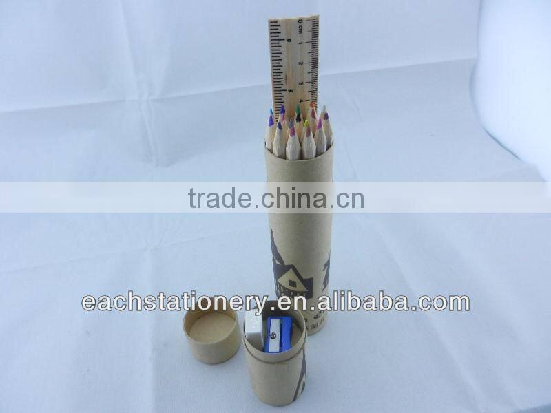 7''wooden color pencil set with ruler eraser and shapener in paper tube