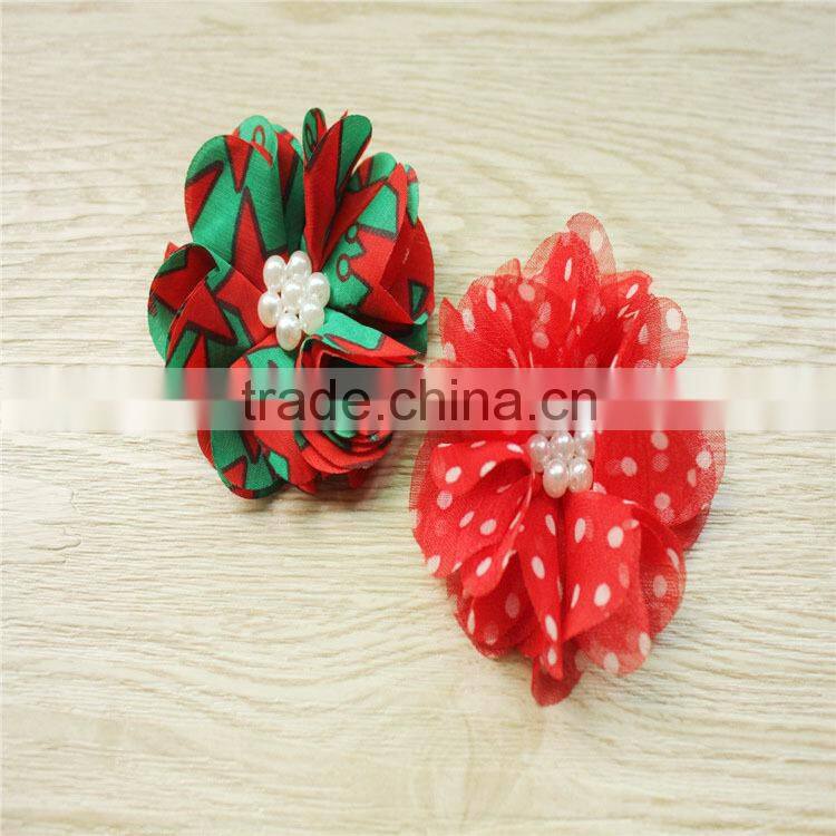 Christmas hair accessories/hair tie/chiffon flowers with pearls/garment flowers