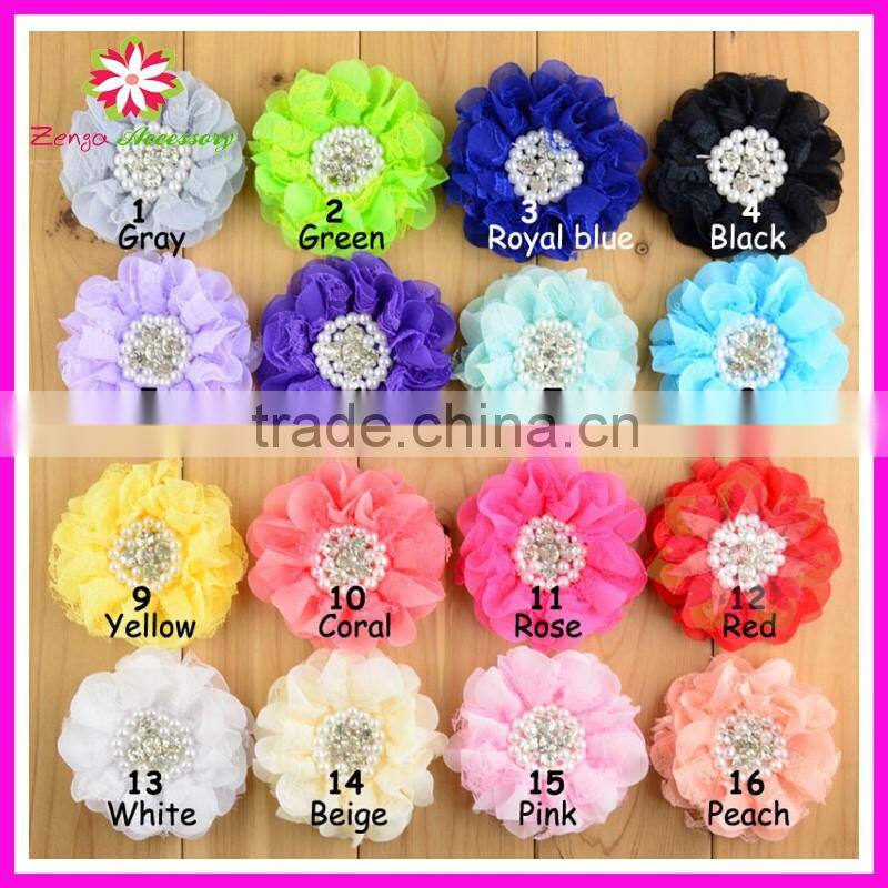 Beaded lace chiffon fabric flowers for wedding dresses,pearl center chiffon lace flower, pearls rhinestone chiffon lace flower