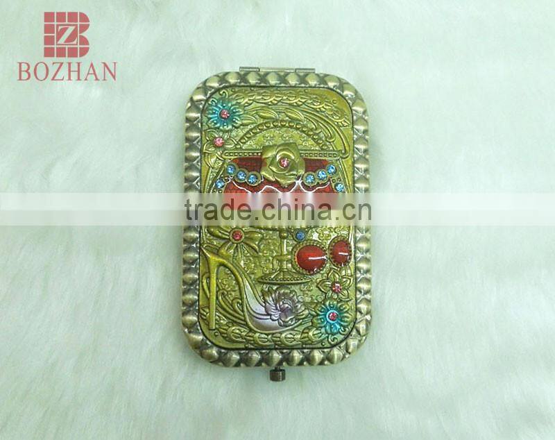 Metal souvenir compact mirror/charm brass cosmetic rhinestone mirror