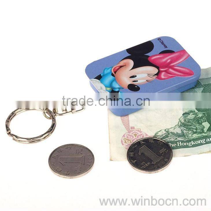 Rectangle tinplate kids key chain ring caroon tin box