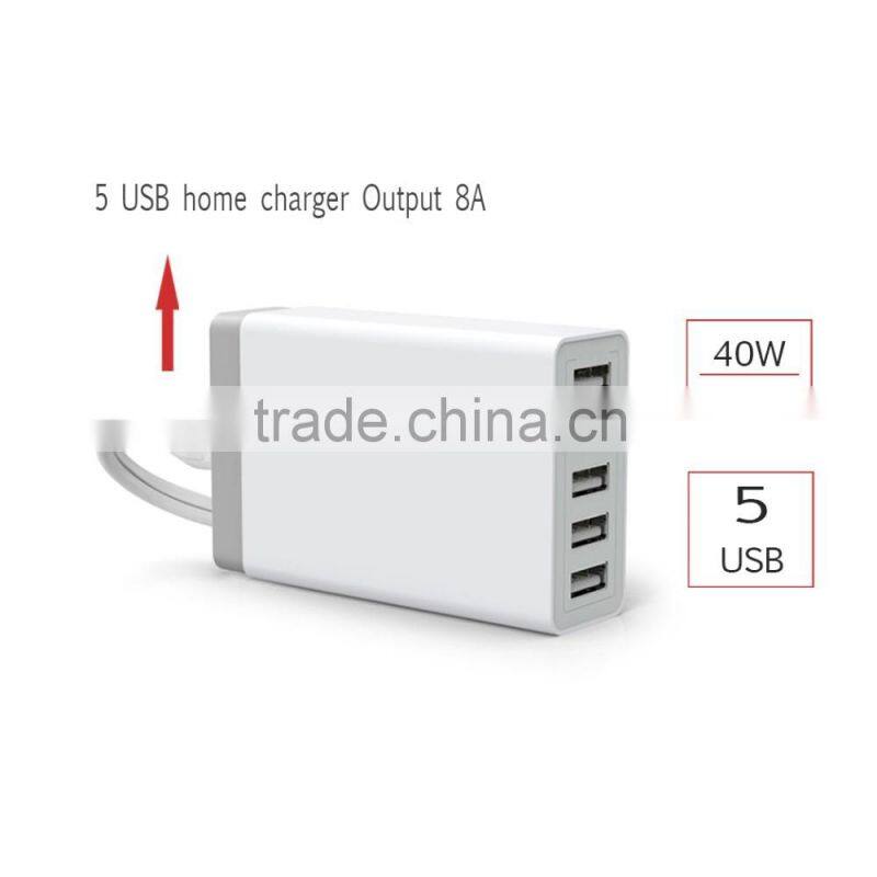 phone charger factory 5v 8a 40w 5 port usb charger with US cable