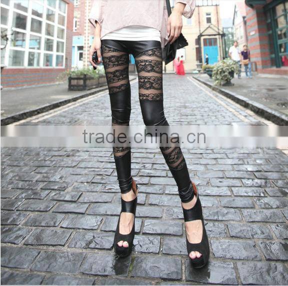 2014 Newest Design Very Hot Sexy Young Girls Gothic Punk Lace Leather Look Stretch Pants Leggings Tights Wholesale