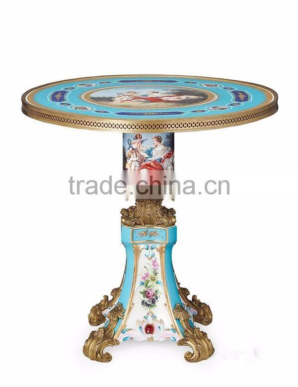 Imitate Figurine Porcelain Center Table With Brass Mounted Edge, Hand Painting European Small Round Table Inlaid Ceramic Desktop
