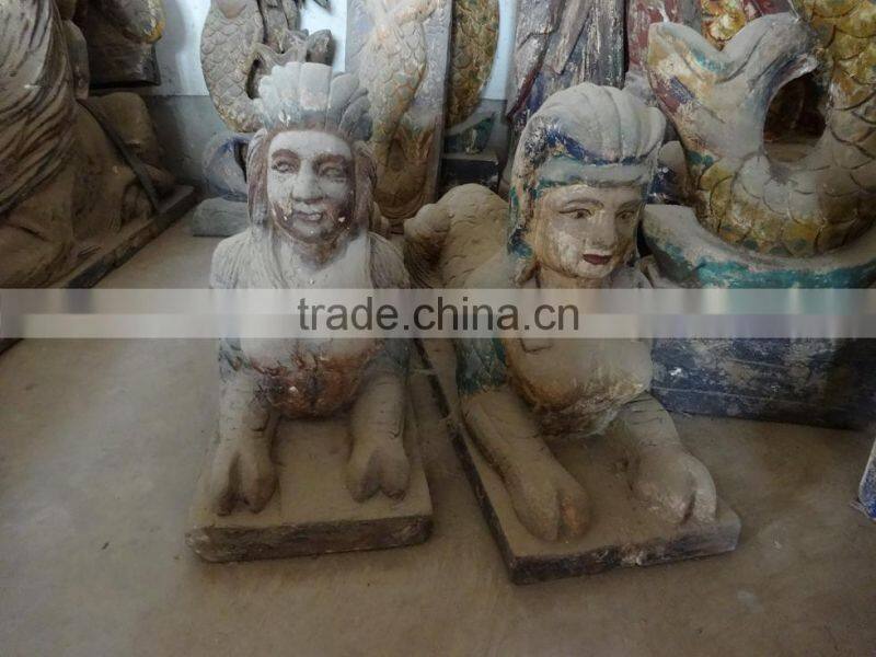 hot sell made wooden carving double mermaid,Antique wooden statues,Religious sculptures