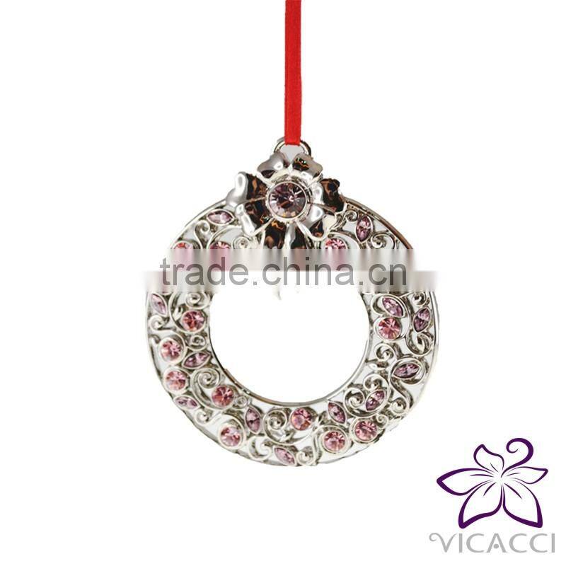 14K White Gold Plated Metal Xmas Ornament with Pink Crystals from Swarovski