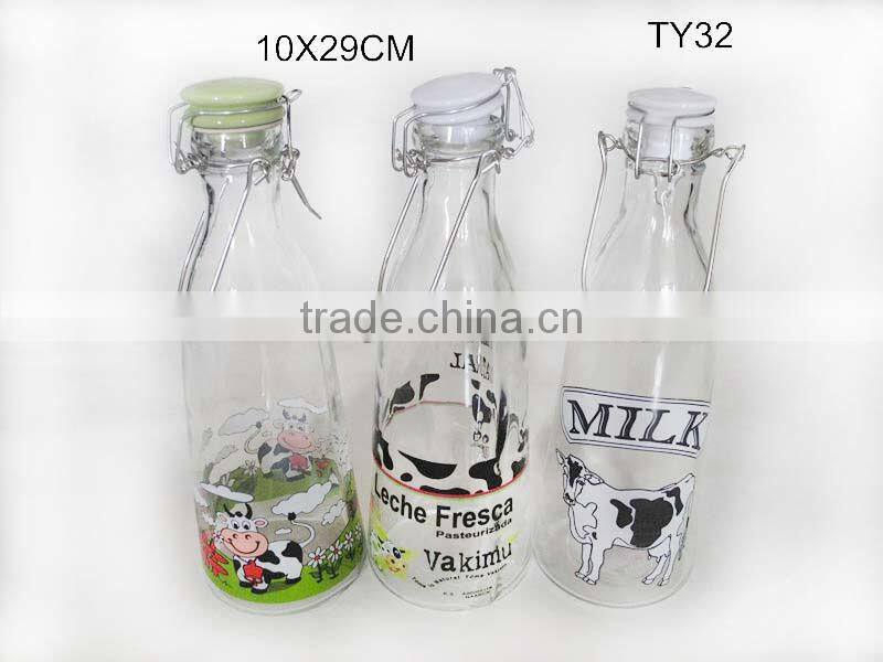 2016 hot selling 1 liter cylinder with elegant decal glass milk bottle with clamp lids