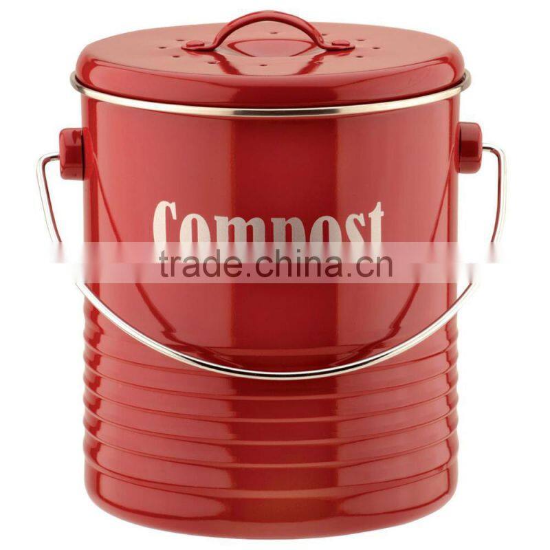New cream power coated metal compost bin with red lid