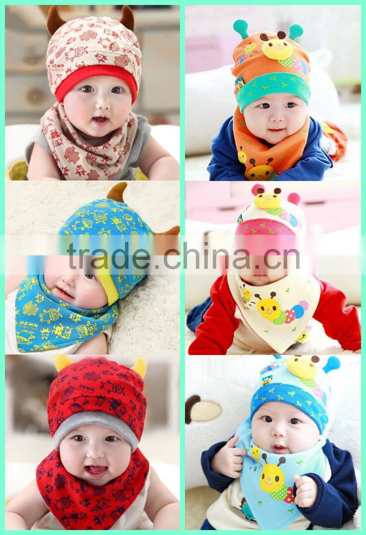 Knit cotton baby beanie hat animal sleep baby hat with turtleneck bib