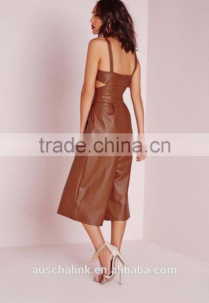 unique design lady sexy faux leather cut out culotte jumpsuit