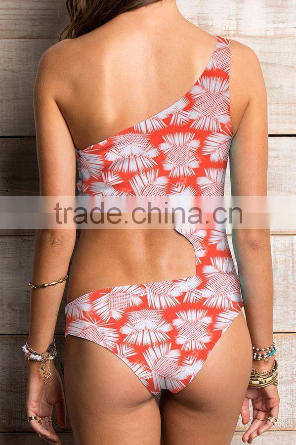 ladies palm print and side cut out one-piece swimwear