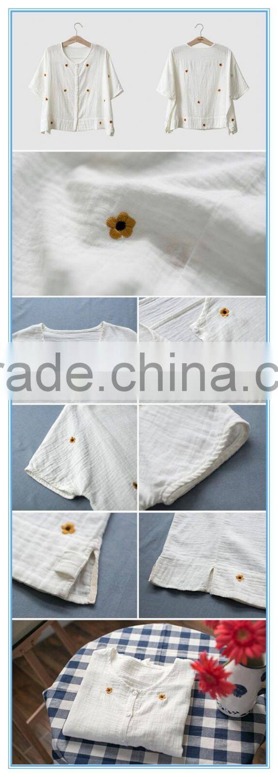 Half Sleeves V Neck Cotton Embroidery Breathable Fashion Lady Shirt