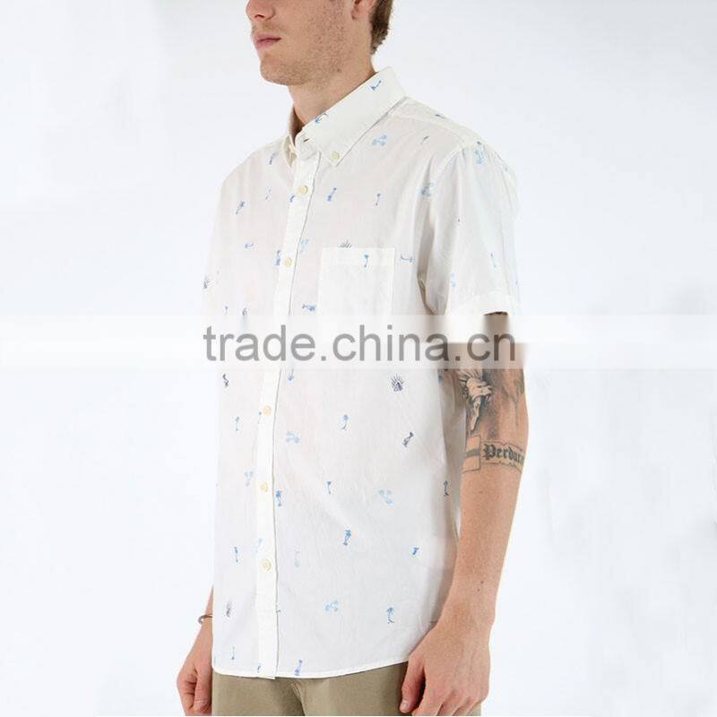 New fashion custom button up short sleeve white printed shirts for men