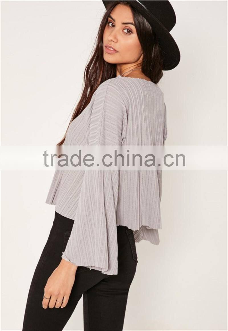 MGOO custom Made 2017 Fashion Tops Sheer Neck Long Sleeves T-shirt Cotton Spandex Flare Sleeves Manufacturer