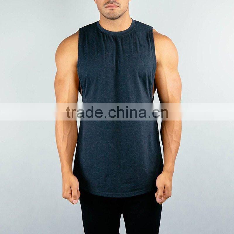 Soft Cotton Elastane blend Gym Fitted Muscle Tee Fashion Design Cut Off Shirt High Neck Curved Hem Tank Top