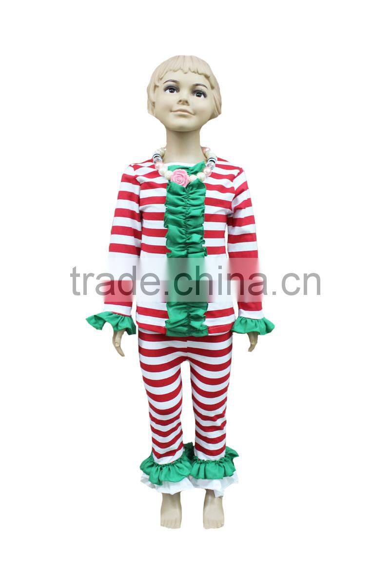 Custom Design Children Christmas Outifit Stripe Ruffle Baby Clothes Clothing Set