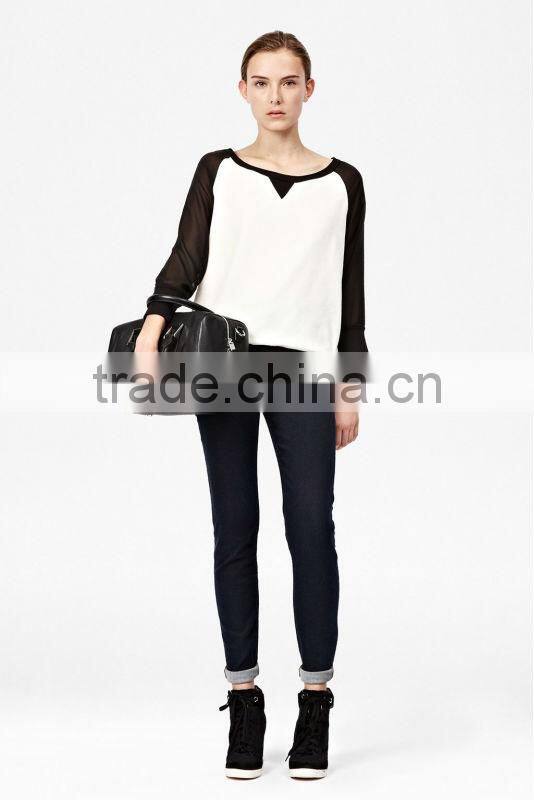 Round Neck Cotton-Blend Raglan Sweatshirt with Chiffon Sleeve