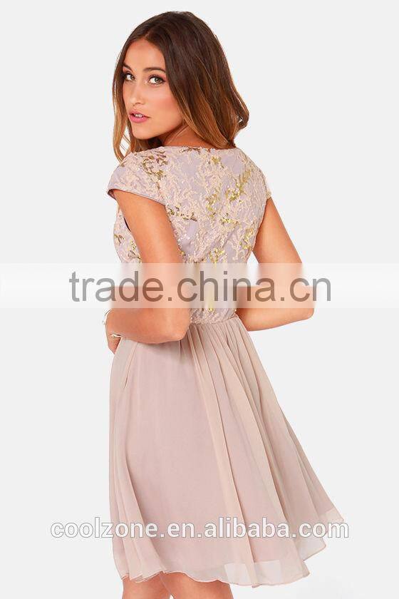 China supplier woman dress cap sleeves sequined woman dress fashion 2015