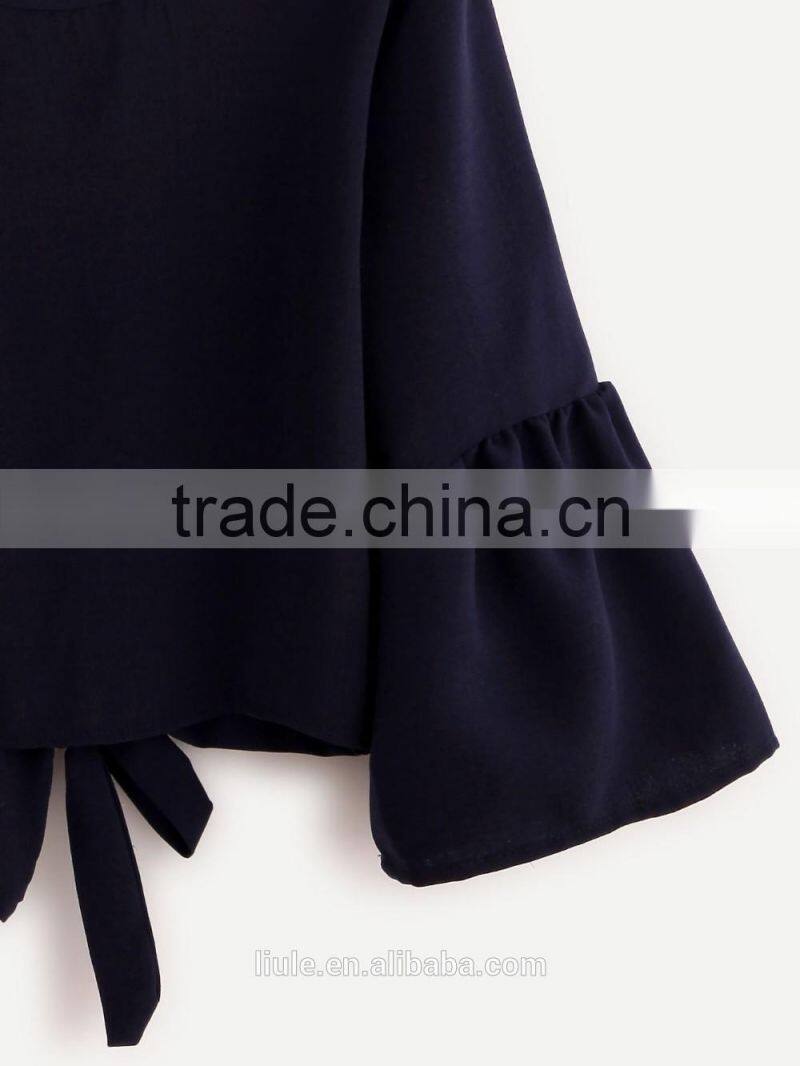 Fashionable ladies tops latest design ruffle flounced sleeves casual blouse for women