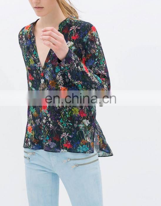 Hot selling China clothing floral print long sleeve sheer chiffon blouses