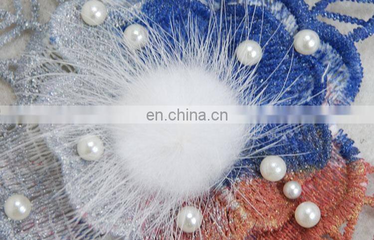Embroidery flower with pearl and fur pompom applique