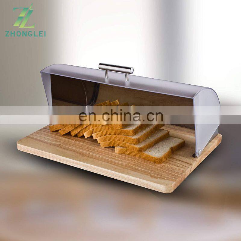 Bamboo Roll Top Bread Bin Stainless Steel Elegant bread box with Wooden Surface Silver