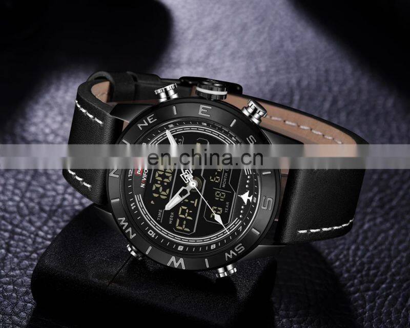 NAVIFORCE NF9144 Men Digital Quartz Movement Watch Simple Style Leather Band Watch Luminous Week Date Month Display