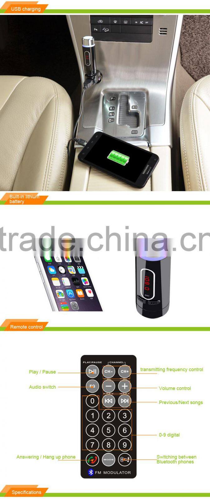 2015 New Arrival 3 in One Car Charger FM Transmitter A2DP Wireless Bluetooth Car Kit