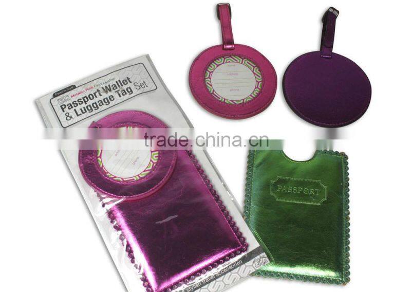 Metallic PU leather travel set, Luggage Tag+Passport Sleeve, Insert card with cello bag