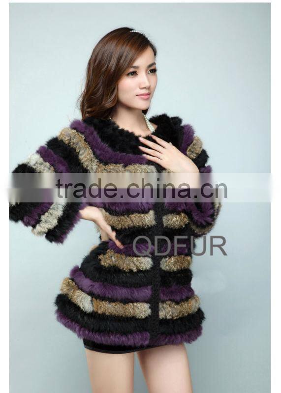 QD28270 Lady Strip Knitted Rabbit Fur Coat From China