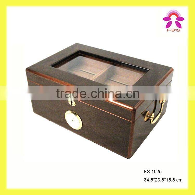 Noble Exquisite Wooden Luxury Fabric Cigar Humidor Gift Boxes with Glass Lid Cabinet Hygroscope Storage Glasstop Tobacco Box