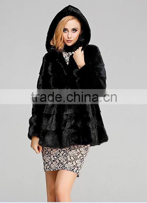 black hooded mink fur coat