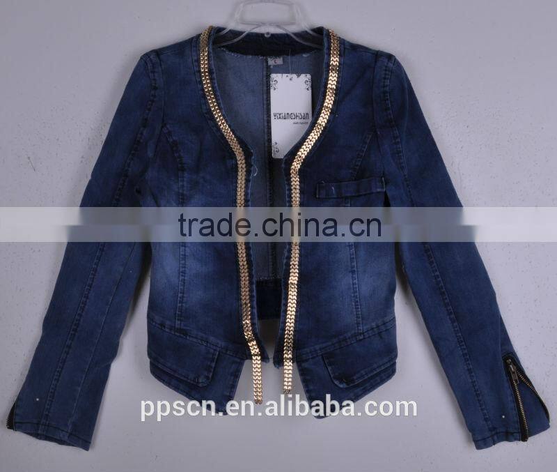 2015 new arrival fashion high quality women denim jacket ,zipper denim jacket leather sleeves wholesale China