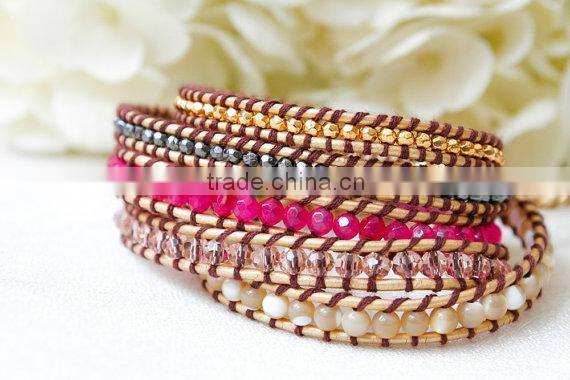 Gold plated Stripe Leather Bracelet with colorful beads