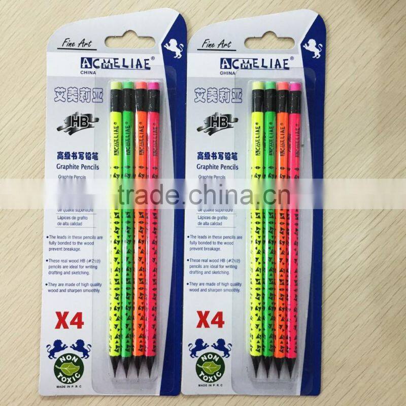 Standard size round shape black wood blister card neon HB pencil with heat rolling logo