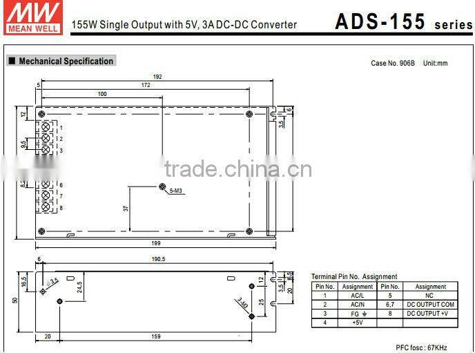 Mean Well 155w 12v switching power supply with dc-dc converter/155W Single Output with 5V, 3A DC-DC Converter