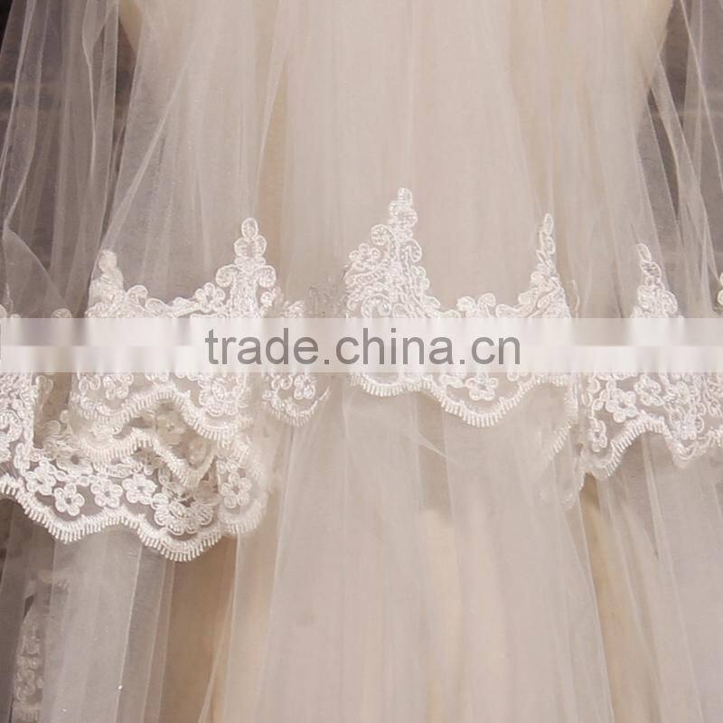 BV1002 New Arrival Elegant Ivory Veil Of Bride Lace Purfle One Layer 2015 Wedding Long Veils