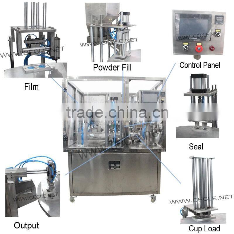 Efficient double use k-cup and nespresso capsule filling and sealing machines