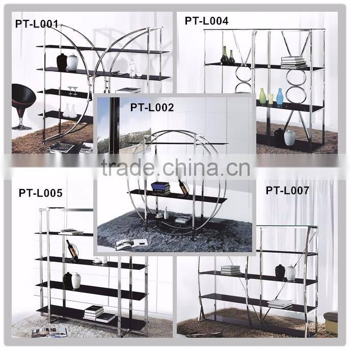 PT-L008 stainless steel display shelf stand fixtures,telescoping garment rack Floor Display Shelf with glass
