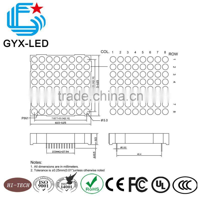 high quality red and green color 8*8 dots 7.62 mm pitch P7.62 LED array dot matrix display