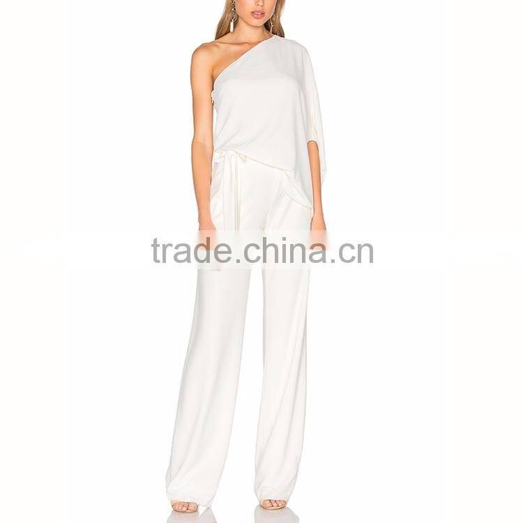 Arabic Athen divine white lady fashion silk chiffon one shoulder long jumpsuits