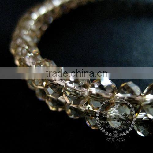 silver flower charm purple,champagne colour crystal faceted glass beads 2 layers wiring bangle fashion bracelet 6490053
