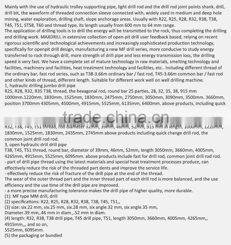 tapered hexagonal hollow drill rod/drill pipe