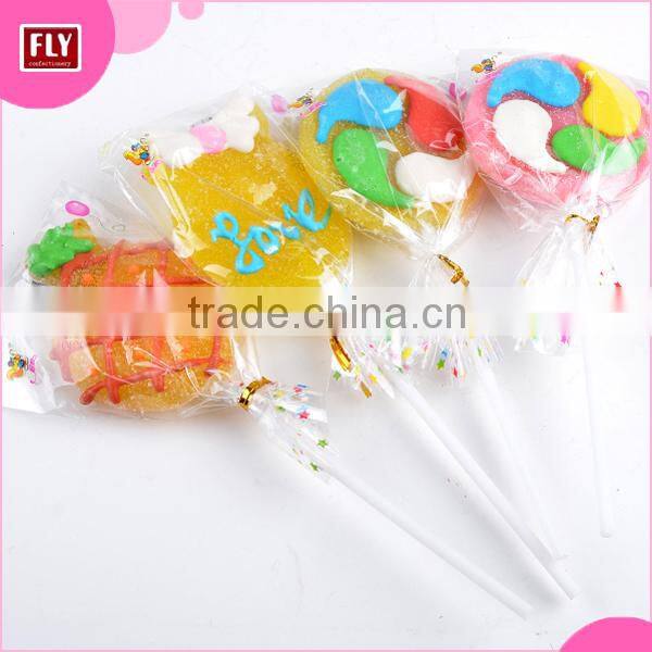 Custom Sugar Coated Colorful gelatin candy marshmallow lollipop,jelly lollipop and gummy lollipop