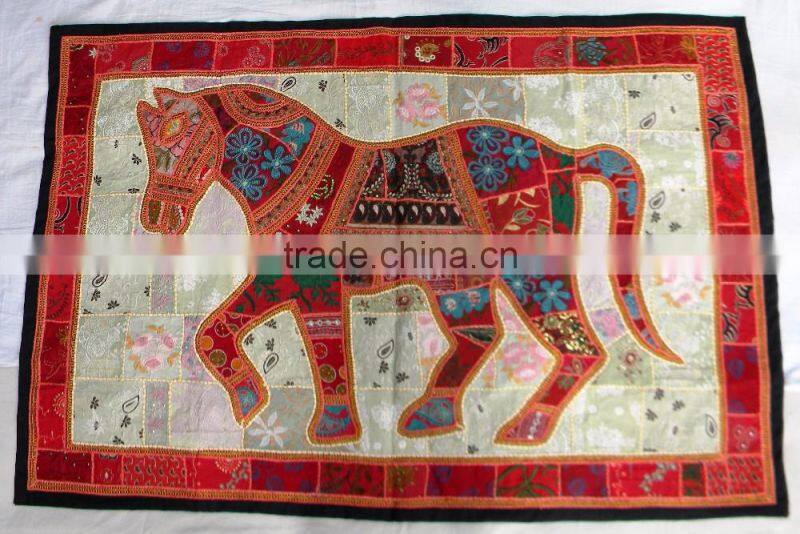 Indian Old Fabric Wall Decor With Horse Figure - Handworked Cotton Fabric Patchwork Wall Hanging Tapestry