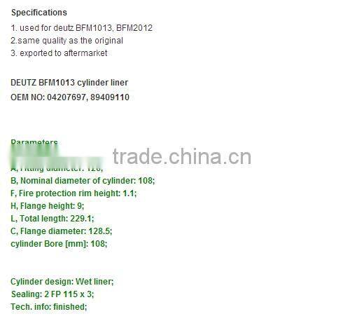 BFM1013 cylinder liner 04207697, 89409110