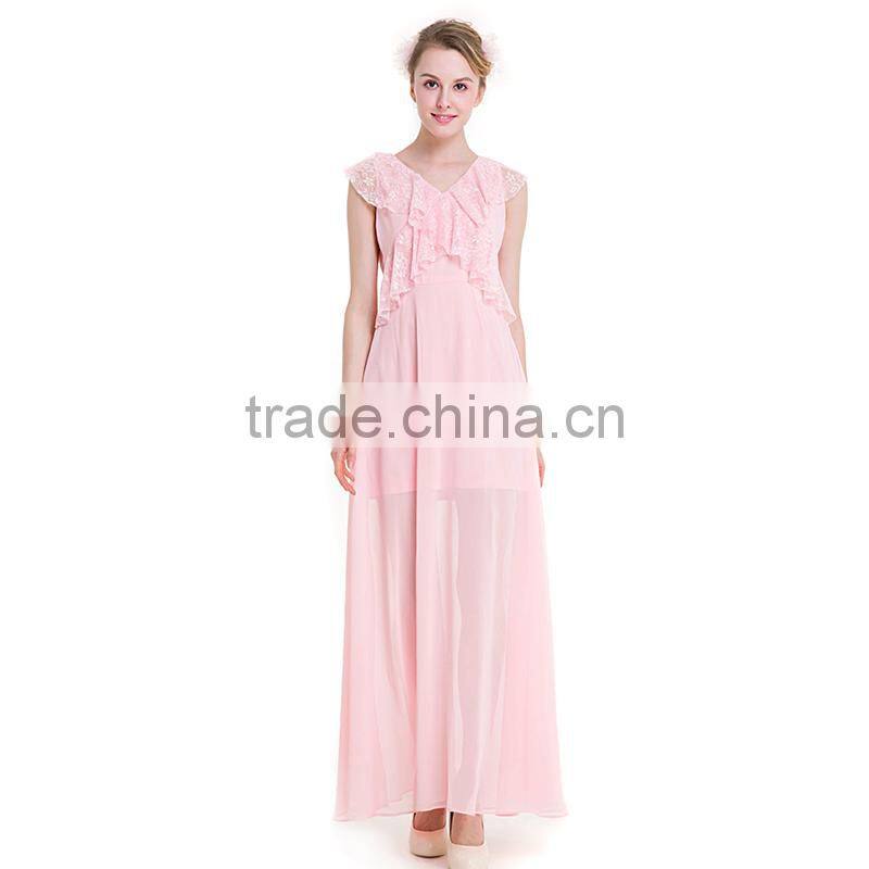Maxnegio sexy long maxi pink color with ruffle neck evening dress for girls