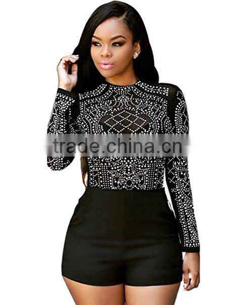 Women Sexy Crewneck Long Sleeve Mesh Rhinestone See Through T Shirt Tops